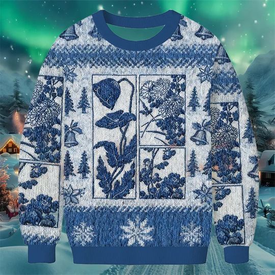 Discover Blue Floral Christmas Sweater, Botanical Pattern Holiday Jumper, Elegant Ugly Xmas Sweatshirt for Women Men, Winter Garden Gift