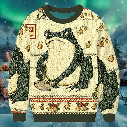Japanese Frog Christmas Sweater, Ramen Bowl Holiday Jumper, Beige Green Ugly Xmas Sweatshirt, Funny Amphibian Winter Gift for Men Women