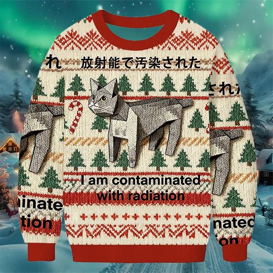 Funny Cat Christmas Sweater, Radiation Quote Holiday Jumper, Beige Red Ugly Xmas Sweatshirt with Origami Cat Design, Quirky Winter Gift