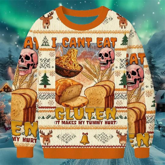 Funny Gluten Free Christmas Sweater, Bread and Pasta Print Holiday Jumper, Beige Orange Ugly Xmas Sweatshirt for Men Women Gift