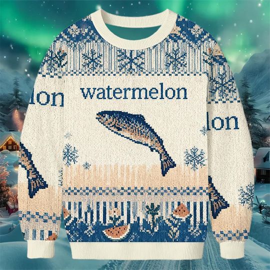 Discover Watermelon Fish Funny Ugly Christmas Sweater  Blue Beige Knit Holiday Sweatshirt with Watermelon and Fish Pattern  Quirky Winter Gift
