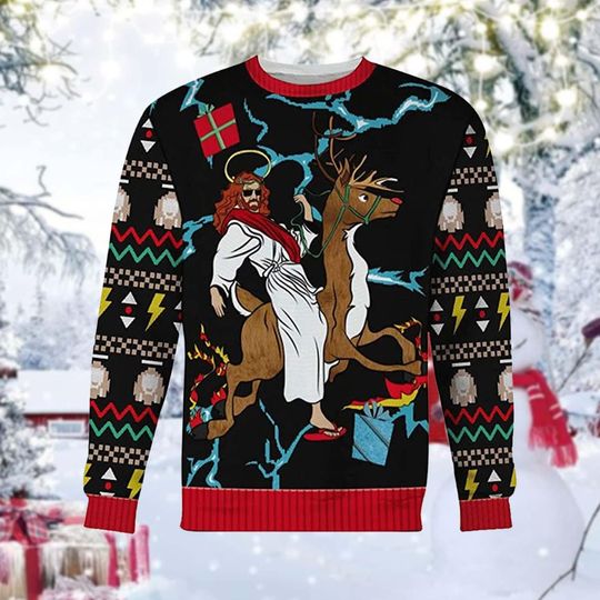 Discover Funny Lightning Reindeer Christmas Sweater, Bold Festive Party Ugly Sweater Style