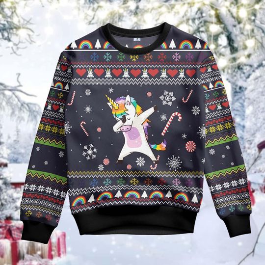 Discover Funny Dabbing Unicorn Christmas Sweater, Holiday Sweatshirt with Rainbow Candy Cane Pattern and Cute Unicorn Design for Festive Parties