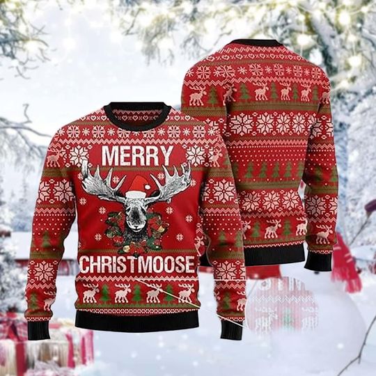 Discover Funny Moose Christmas Sweater, Merry Christmoose Red Holiday Pullover, Festive Reindeer Pattern Knit, Ugly Xmas Sweater Gift for Adults