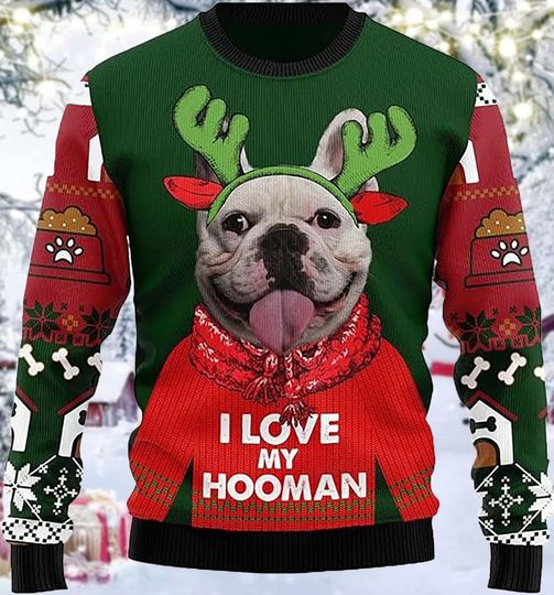 Discover Funny Dog Christmas Sweater, I Love My Hooman Ugly Holiday Knit Pullover, French Bulldog Reindeer Design, Festive Gift for Pet Lovers