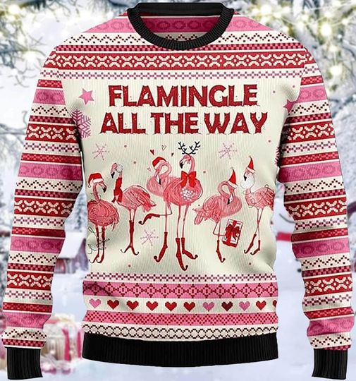Flamingo Christmas Sweater, Flamingle All The Way Ugly Holiday Pullover, Pink Red Knit Festive Sweater, Funny Tropical Xmas Gift for Her