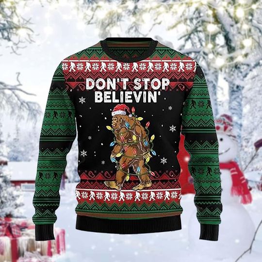Funny Bigfoot Christmas Sweater, Dont Stop Believin Ugly Holiday Pullover,Sasquatch Lights Knit, Green Red Festive Winter Gift for Him Her