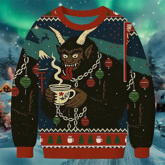 Discover Dark Monster Christmas Sweatshirt, Creepy Creature Ugly Christmas Sweater, Gothic Coffee Lover Holiday Pullover Gift 2025