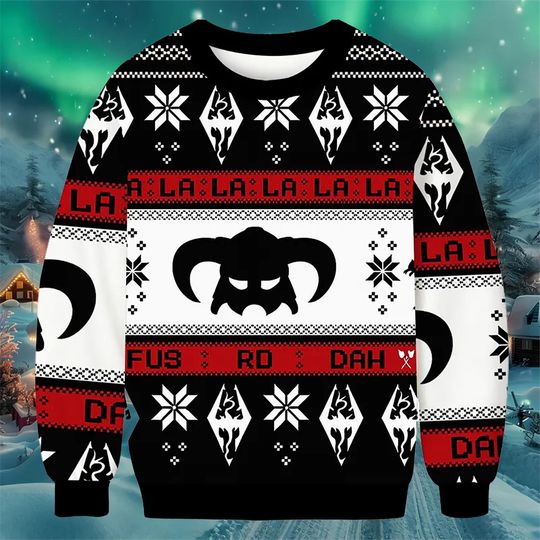Discover Dragon Helm Symbol Christmas Sweatshirt, Nordic Pattern Ugly Christmas Sweater, Red Black Gamer Holiday Pullover Gift 2025