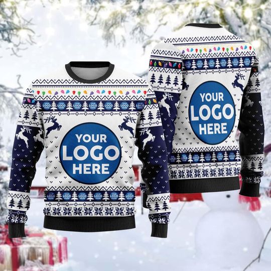 Discover Custom Logo Christmas Sweater, Personalized Company Holiday Pullover with Reindeer and Light Pattern, Branded Ugly Sweater for Team Gifts