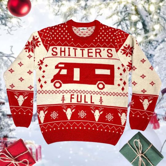 Discover Funny RV Christmas Sweater, Red and Cream Holiday Pullover with Camper Design and Hilarious Phrase, Cozy Ugly Sweater for Holiday Parties
