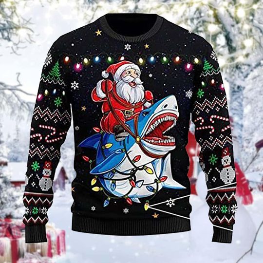 Discover Funny Santa Shark Christmas Sweater, Black Holiday Pullover with Santa Riding Shark and String Lights Design, Festive Ugly Sweater Style