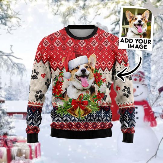 Discover Custom Dog Photo Christmas Sweater, Personalized Pet Face Holiday Pullover with Santa Hat and Paw Print Pattern, Festive Gift for Dog Lovers