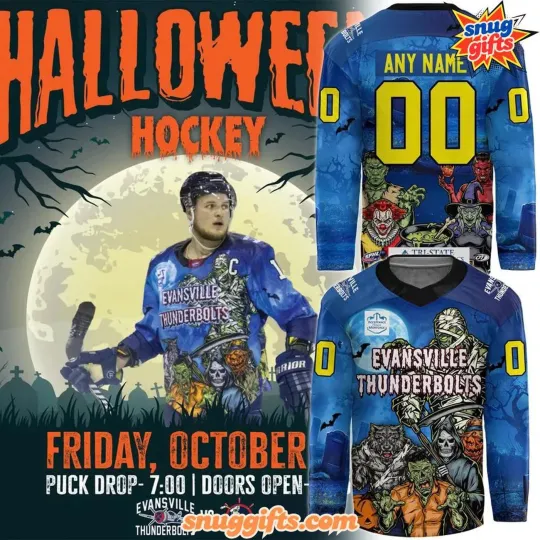 Discover Personalized Evansville Thunderbolts Halloween Night 2025 Hockey Shirt Men's