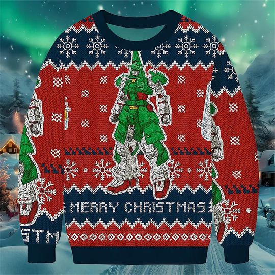Discover Green Mecha Robot Christmas Sweatshirt, Retro Mech Ugly Christmas Sweater, Sci-Fi Holiday Pullover Gift for Anime and Robot Fans 2025