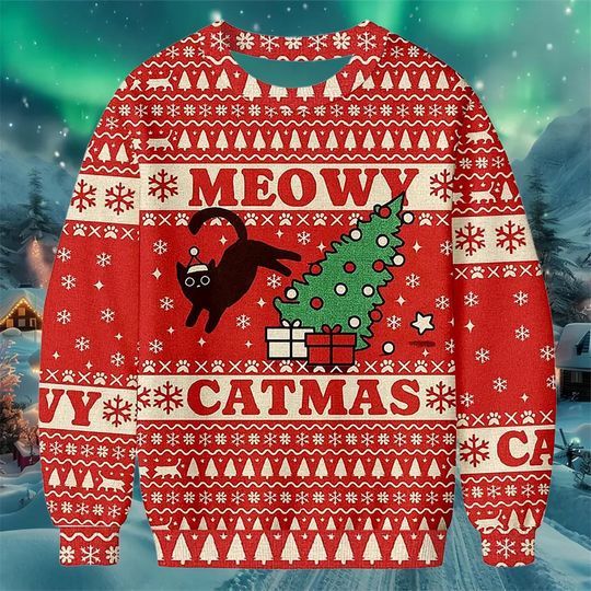 Funny Cat Christmas Sweatshirt, Meowy Catmas Ugly Christmas Sweater, Black Cat Tree Topple Holiday Pullover Gift for Cat Lovers 2025