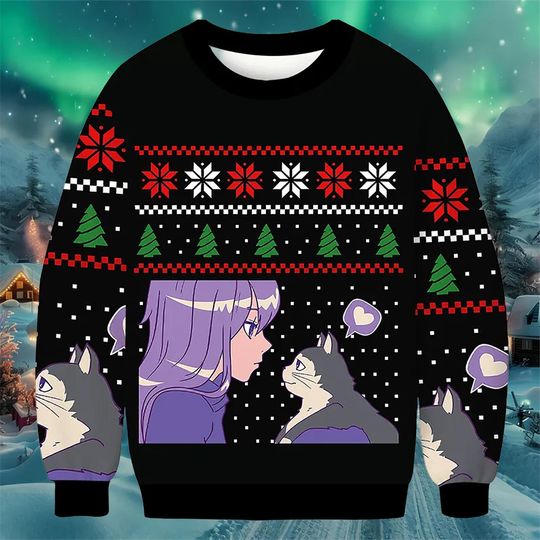 Discover Anime Girl and Cat Christmas Sweatshirt, Cute Purple Character Ugly Christmas Sweater, Cozy Holiday Pullover Gift for Anime Lovers 2025