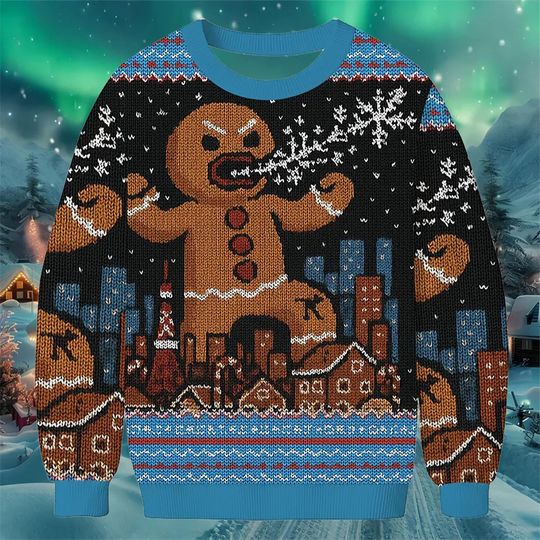 Giant Gingerbread Man Ugly Christmas Sweater Funny Holiday Knit Pullover with City Scene Festive Winter Outfit for Men Women