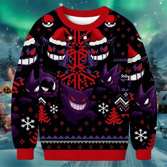 Discover Purple Ghost Monster Ugly Christmas Sweater Black Red Holiday Knit Pullover with Spooky Smile Design Festive Winter Outfit