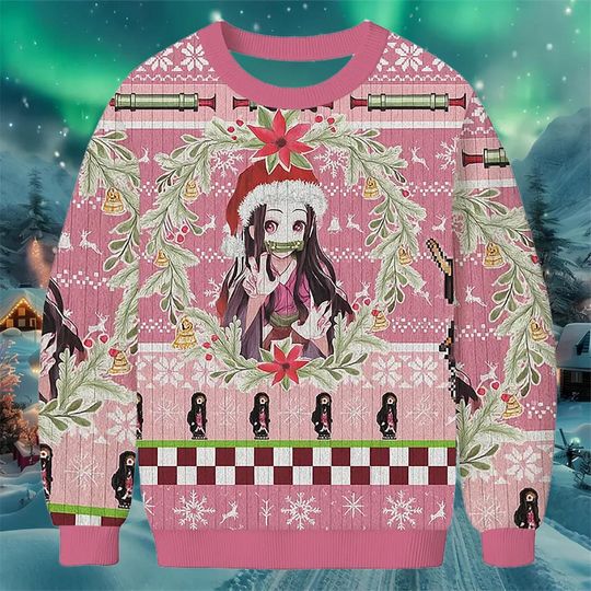 Discover Pink Anime Girl Christmas Sweater Cute Holiday Knit Pullover with Wreath and Poinsettia Design Festive Winter Outfit for Women