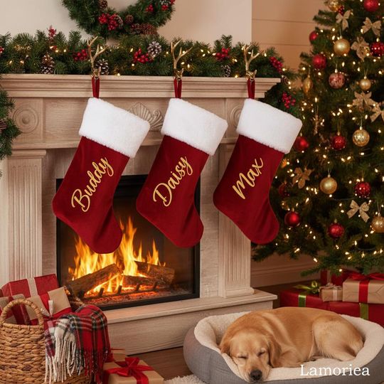 Personalized Red Christmas Stockings for Fireplace, Family Monogram Holiday Decor