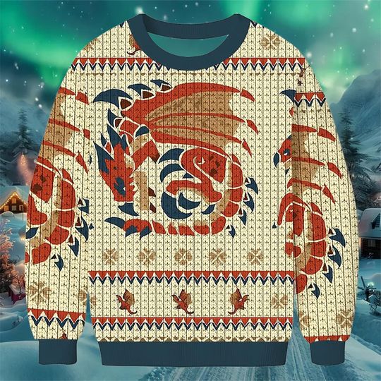 Dragon Emblem Ugly Christmas Sweater Beige and Red Holiday Knit Pullover Fantasy Creature Design Winter Outfit for Men Women
