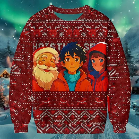 Discover Red Anime Style Christmas Sweater Cute Holiday Knit Pullover with Santa and Friends Winter Cozy Outfit for Men Women