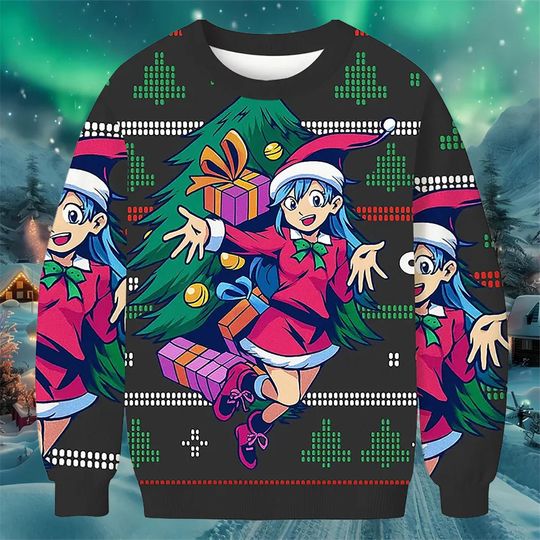 Discover Anime Girl Christmas Sweater Colorful Holiday Knit Pullover with Tree and Gifts Festive Winter Outfit for Men Women