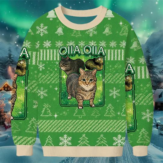 OIIA OIIA Cat Meme Christmas Sweater Green Knit Design with Snowflakes and Funny Cat Print Cozy Holiday Gift for Cat Lovers and Meme Fans