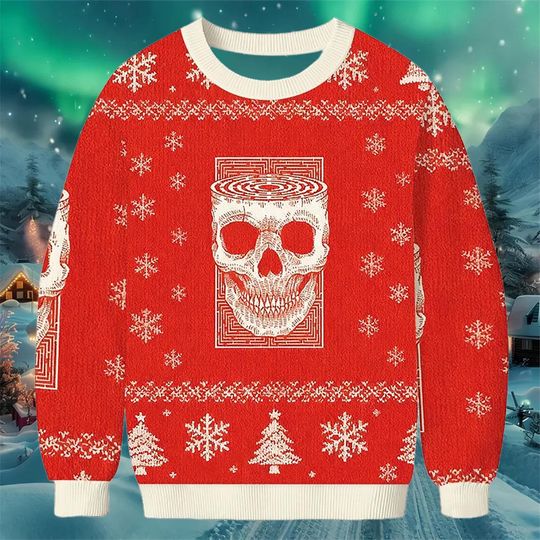 Discover Skull Emblem Christmas Sweater Red Knit Design with Snowflakes and Holiday Patterns Cozy Winter Wear Gift for Gothic and Alternative Fans