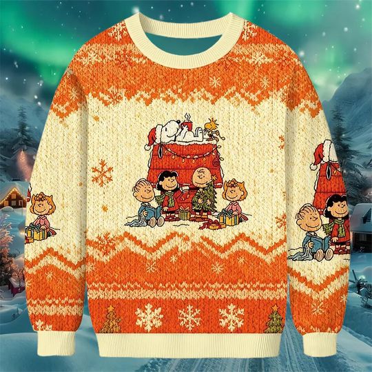 Discover Christmas Cartoon Dog and Friends Ugly Christmas Sweater  Orange Knit Holiday Sweatshirt  Cozy Winter Gift for Family and Friends