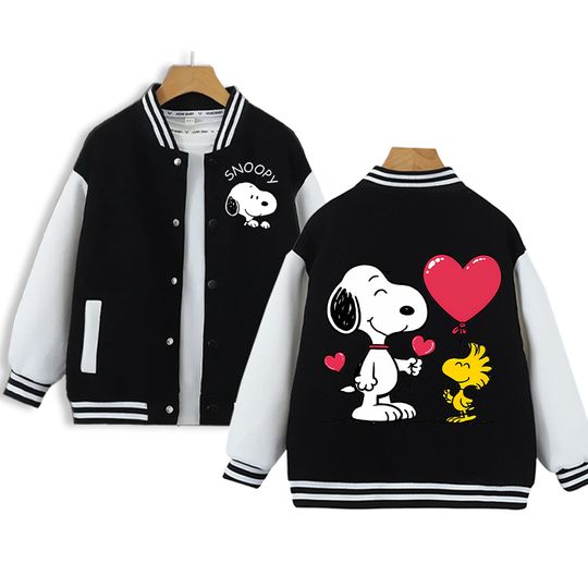 Discover Snoopys Black Baseball Uniform for Boys Girls Cartoon Cute Jackets Children Autumn Winter Fashion Hip Hop Coats Kids Clothes