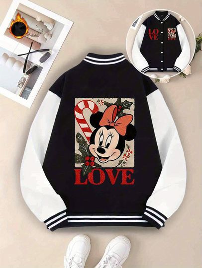 Discover Potdemiel  Women'S Mickey & Minnie Print Baseball Jacket Licensed Block Fall Winter Outerwear Casual Attire Winter Clothing