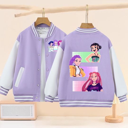 Discover Kpop Demon Hunters Jackets for Children Anime Purple Coat Girls Autumn Winter Fashion Baseball Uniform Cute Jacket Kids Clothes
