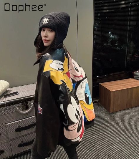 Discover Trendy Cartoon Embroidery Jacket Motorcycle Leather Jacket for Women 2025 Spring Autumn Loose Color Block Baseball Jacket Coat