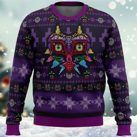 Majoras Mask Seamless Pattern Zelda Ugly Christmas Sweater, Zelda Ugly Christmas Sweater, Majoras Ugly Christmas Sweater.