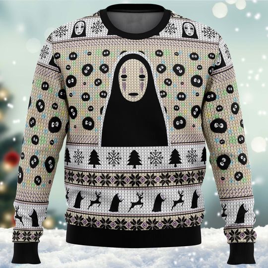 No Face And Soot Sprites Spirited Away Studio Ghibli Ugly Christmas Sweater, Ghibli Ugly Christmas Sweater, Ghibli Ugly Sweater.