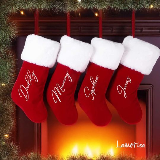 Personalized Family Christmas Stockings, Red Monogrammed Stockings, Custom Name Holiday Decor