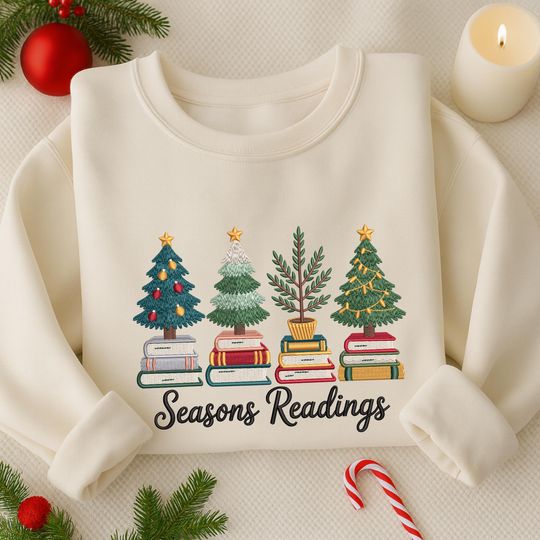 Discover Christmas Tree Book Embroidered Sweatshirt, Seasons Readings Embroidered Shirt, Bookish  Shirt, Merry Christmas Shirt, Librarian Gift