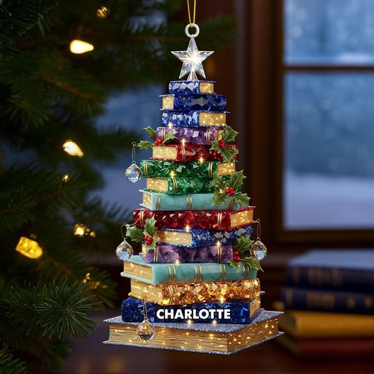 Personalized Book Tree Acrylic Ornament, Book Lover Christmas Gift