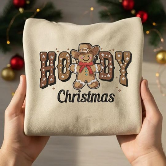 Discover Howdy Christmas Gingerbread Embroidered Sweatshirt, Western Cowboy Embroidered Shirt, Winter Holiday Merch, Christmas Gift