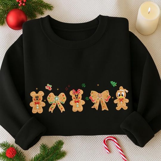 Discover Christmas Mk Mn Mouse Gingerbread Embroidered Sweatshirt, Mk Friends Gingerbread Cookie Embroidered Shirt, Merry Christmas Gift