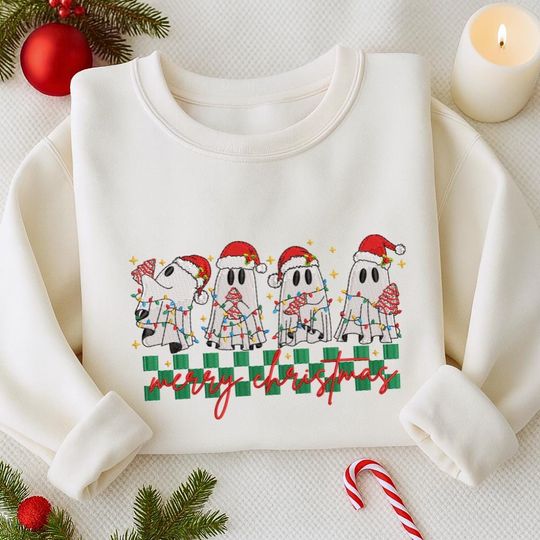 Discover Christmas Funny Ghost And Gingerbread Embroidered Shirt, Merry Christmas Embroidered Sweatshirt, Merry And Bright Design, Winter Gift