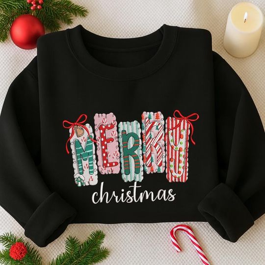 Discover Merry Christmas Embroidered Sweatshirt, Christmas Pattern Embroidered Shirt, Merry And Bright Shirt, Winter Holiday Gift
