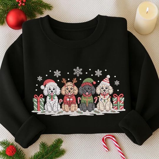 Discover Christmas Poodle Embroidered Sweatshirt, Christmas Cute Dog Embroidered Shirt, Poodle Lover Gift, Merry Winter Gift