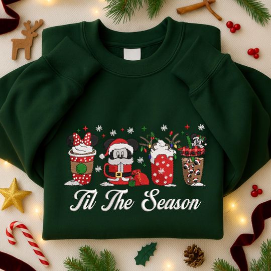 Discover Til The Season Embroidered Sweatshirt, Christmas WDW Cartoon Embroidered Shirt, MK Mouse Drinks Shirt, Merry Christmas Gift, Winter Gift