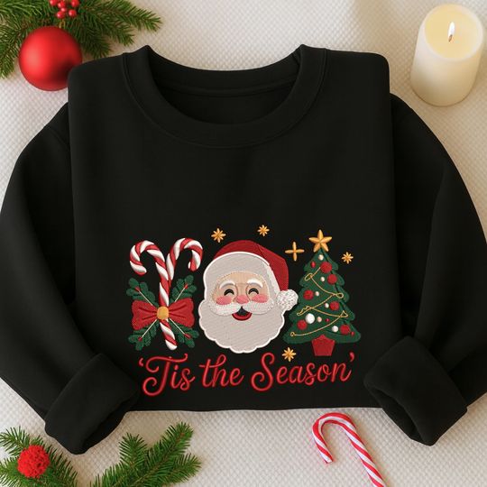 Discover Tis The Season Embroidered Sweatshirt, Merry Christmas Embroidered Shirt, Christmas Santa Claus Candy Cane Tree Shirt, Winter Festive Gift