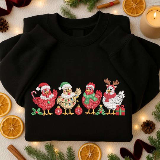 Discover Christmas Chicken Embroidered Sweatshirt, Merry Christmas Embroidered Shirt, Merry And Bright Hoodie, Winter Gift
