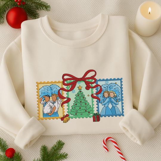 Discover Christmas Stamp Embroidered Sweatshirt, Retro Postage Stamp Embroidered Shirt, Christmas Snowman Shirt, Winter Season Gift