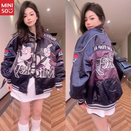 Discover Disney Mickey Embroidered Color Matching Baseball Jacket Women's Spring and Autumn New Loose Versatile Jacket Top